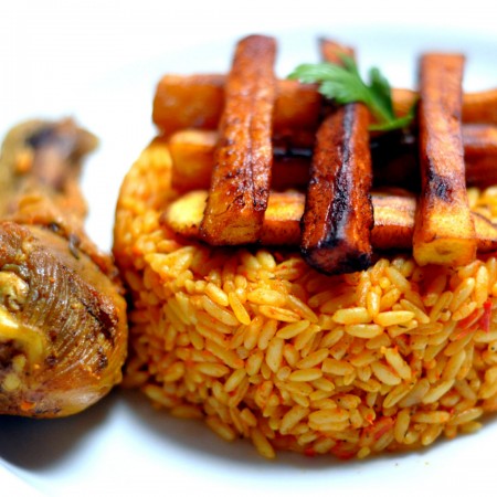 Nigerian Jollof Rice with Chicken and Fried Plantains Recipe