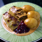Swedish cabbage rolls with cream sauce and lingonberry jam