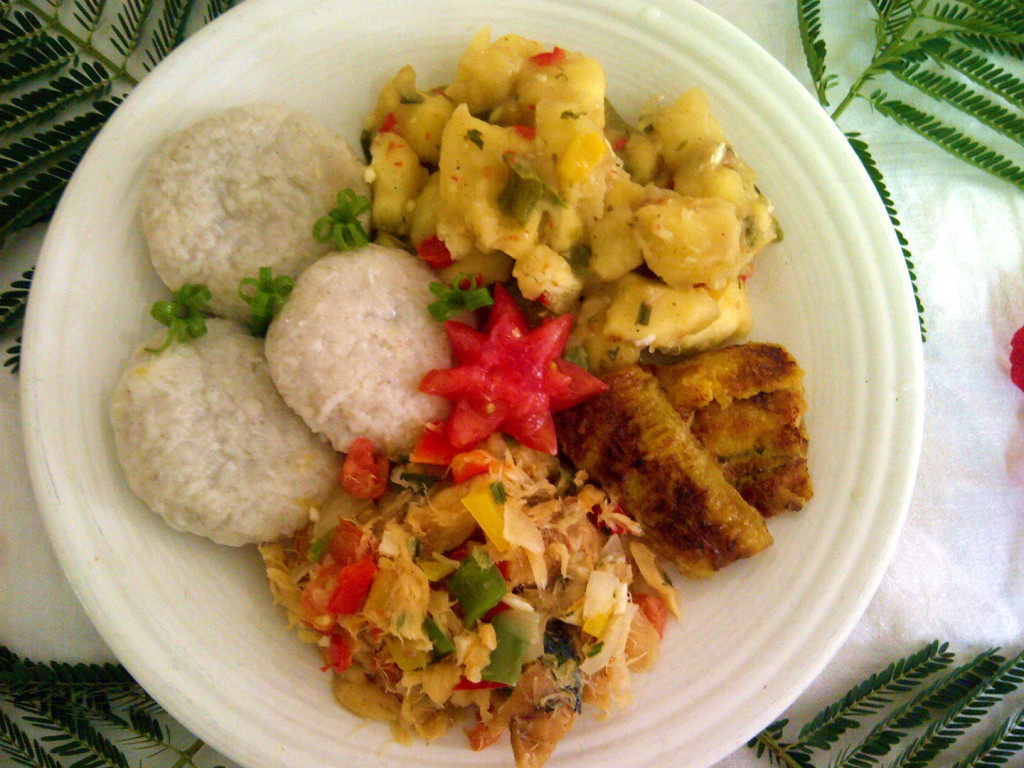 the national dish of Saint Kitts and Nevis - Stewed saltfish with spicy plantains and coconut dumplings