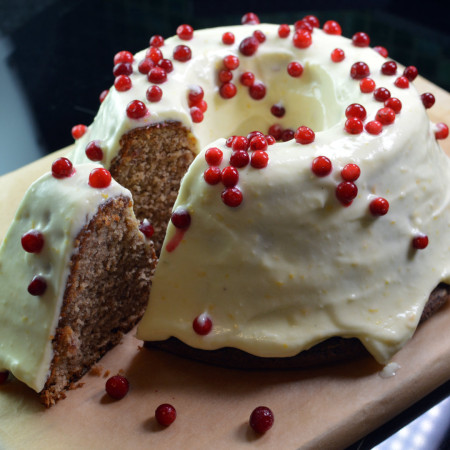 soft gingerbread cake with orange cream cheese frosting