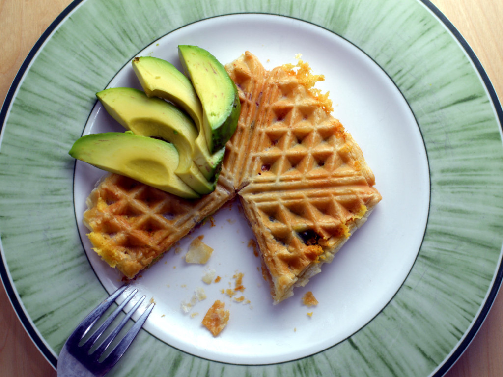 Puff pastry waffle with avocado bacon and cheese