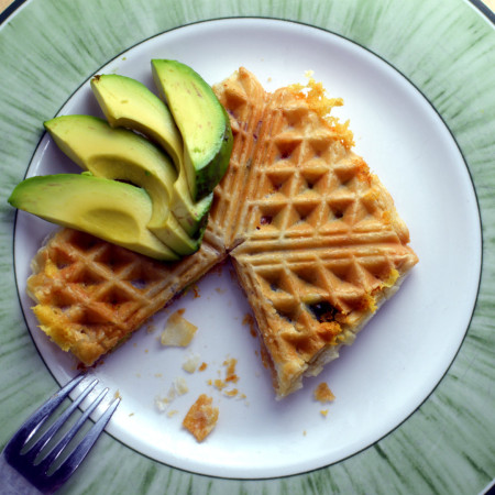 Puff pastry waffle with avocado bacon and cheese