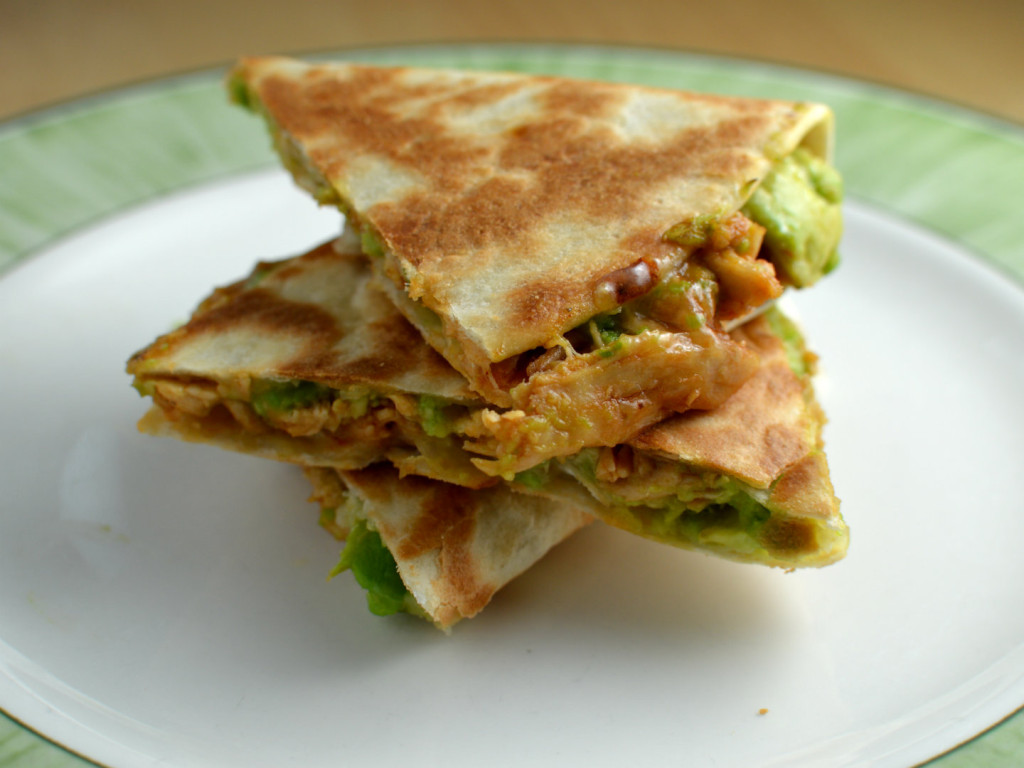 Avocaddo quesadillas with bbq shredded chicken