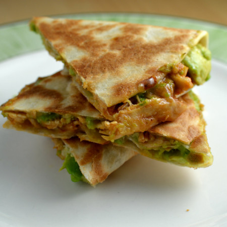 Avocaddo quesadillas with bbq shredded chicken