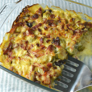 oven baked brussels sprouts gratin with bacon and cranberries