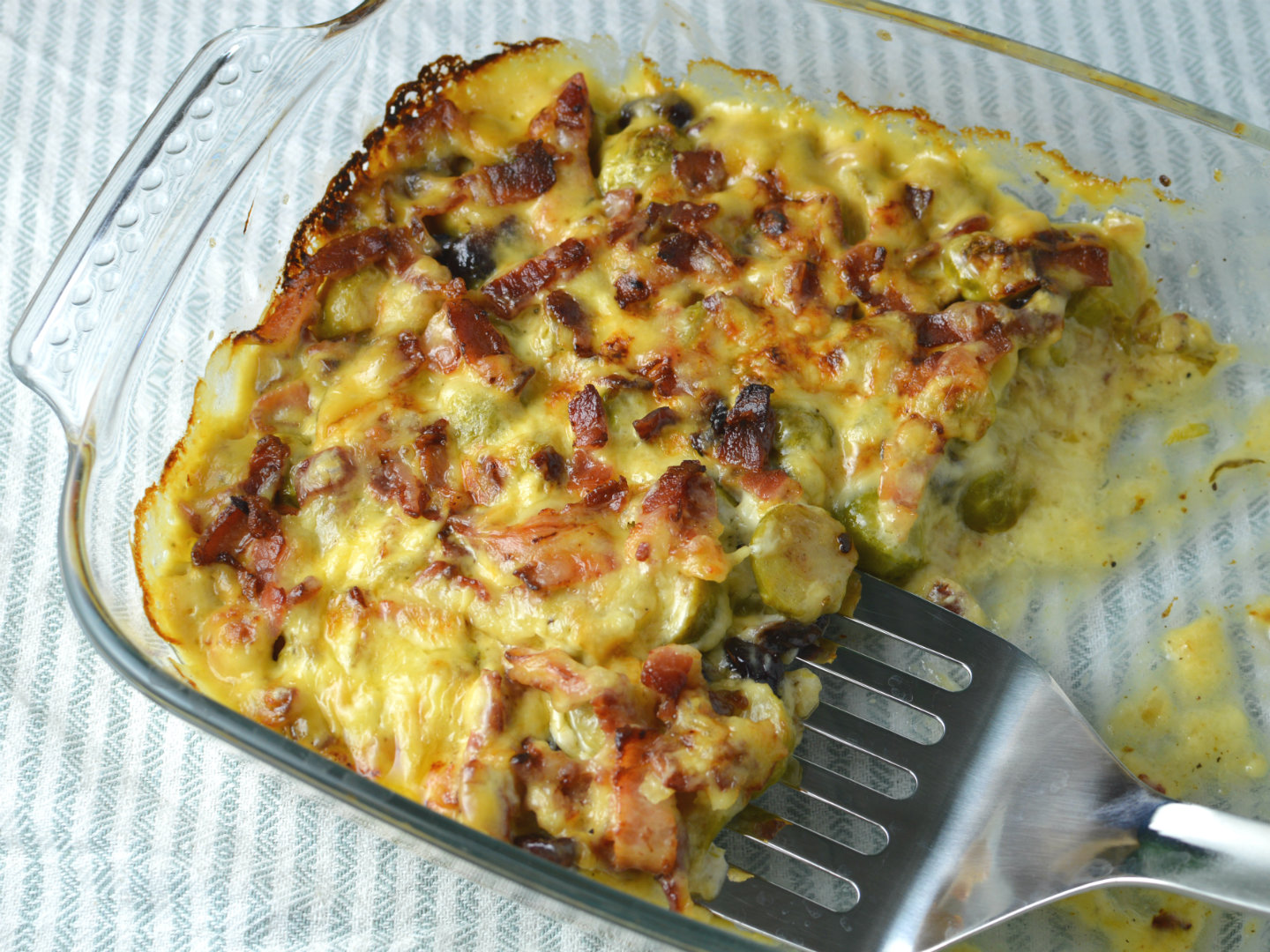 oven baked brussels sprouts gratin with bacon and cranberries