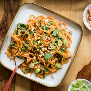 20 minute peanut sweet potato noodles with spinach