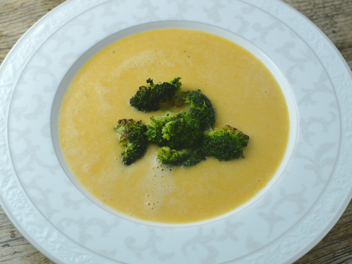 Smoky sweet potato cheese soup with broccoli