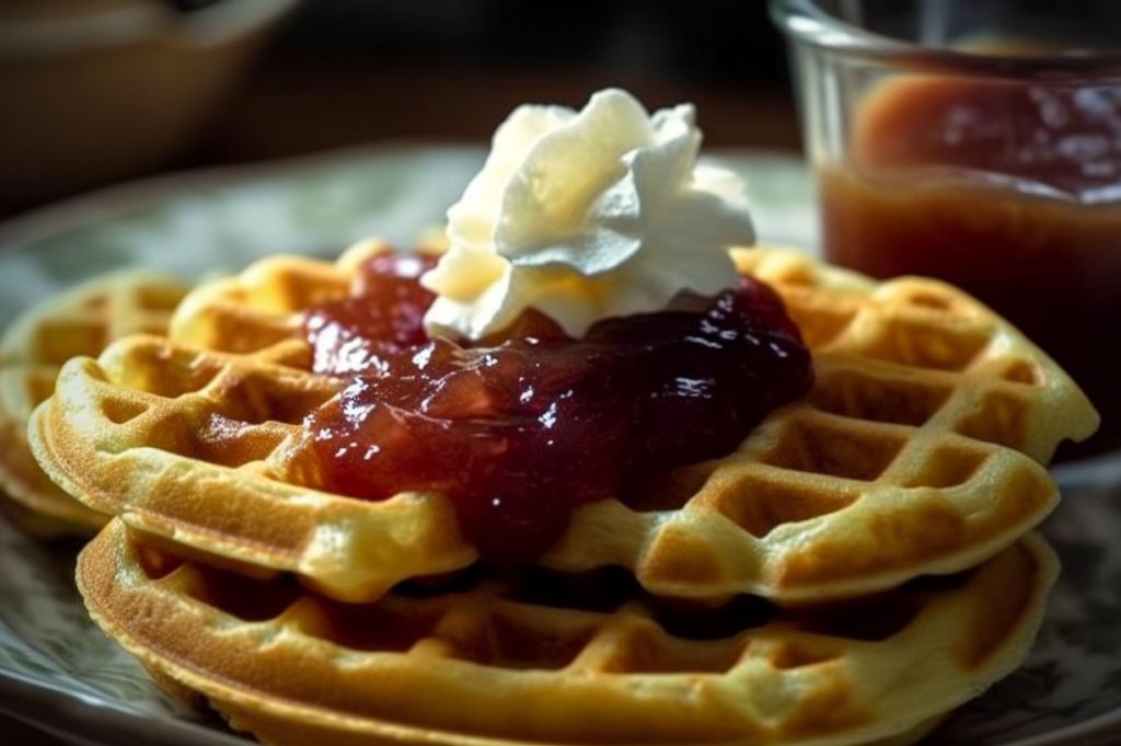 Waffles with jam and whipped cream